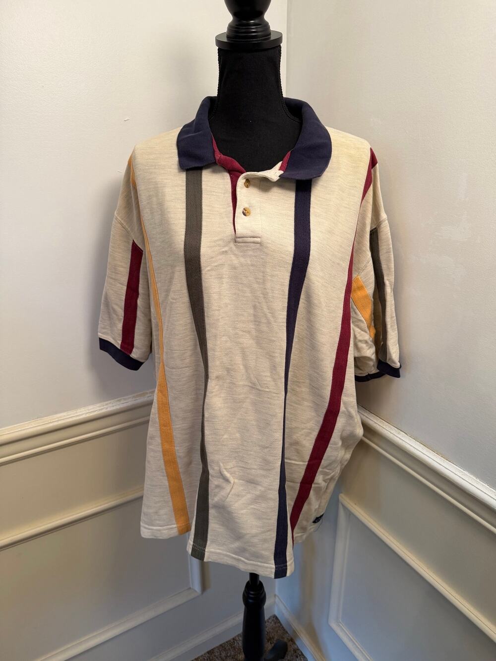 Vintage 90s Catalina Men's Vertical Stripe Polo Shirt Beige Multi Soft Knit